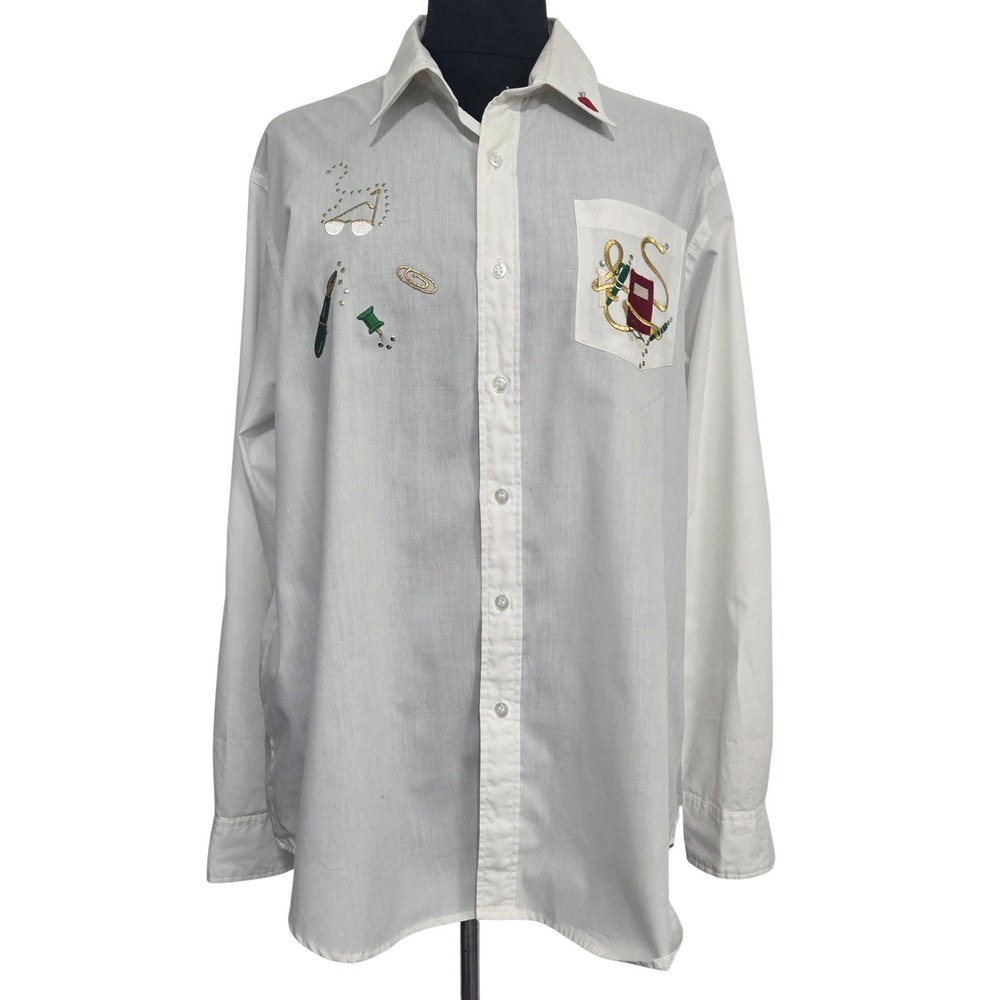 Vintage Miss Priss Teacher School Supplies Embroidered White Button Up Shirt